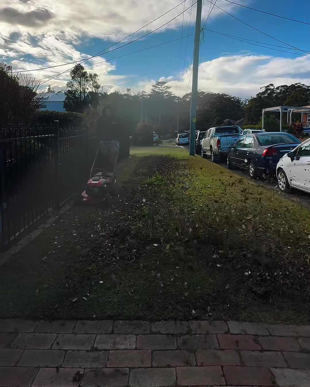 Grass verge covered in leaves and overgrown before mowing